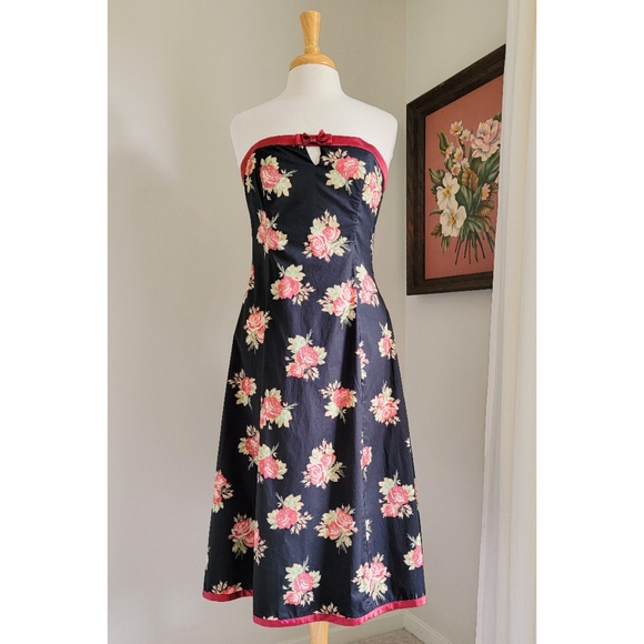 90s Black Floral Satin Bow 1990s Vintage Fit & Flare Midi Length Cotton Dress - Picture 6 of 15